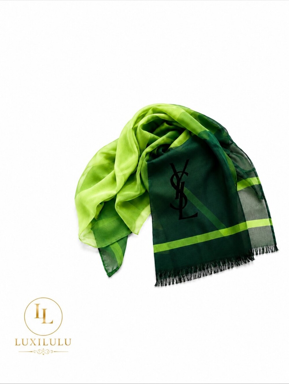 Vintage Yves Saint Laurent YSL Green Colorblock Silk Scarf Sheer Logo